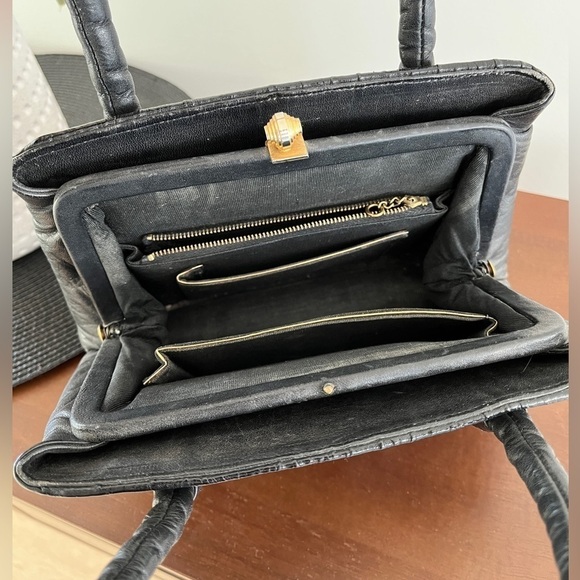 VINTAGE  Leather Lady Handbag Frame Style Double Handle Neutral  60's 70's Chic - Picture 5 of 13